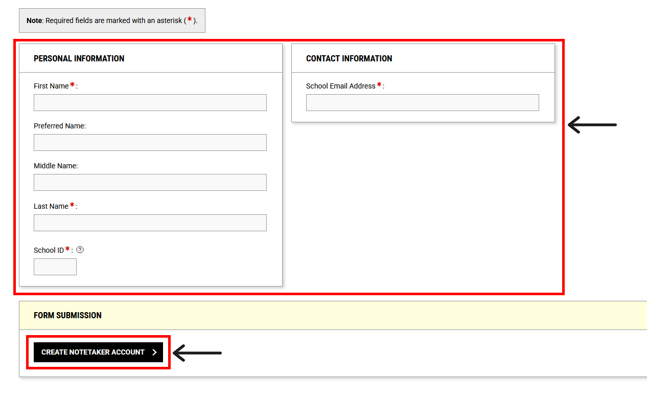 Notetaker Application page with "Personal Information" and "Contact Information" sections outlined, as well as the "Create Notetaker Account" button.