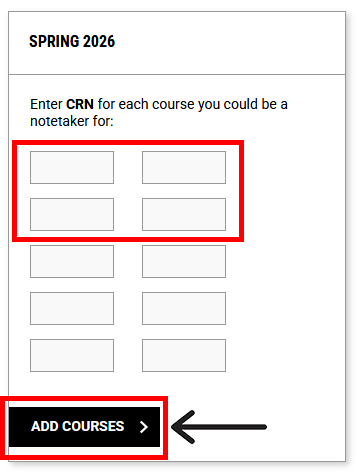 Page to add course registration numbers with "Add Courses" button outlined.