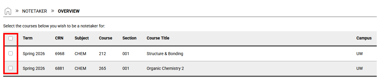 Table with course information and outlined checkboxes to select the courses to be a notetaker for.