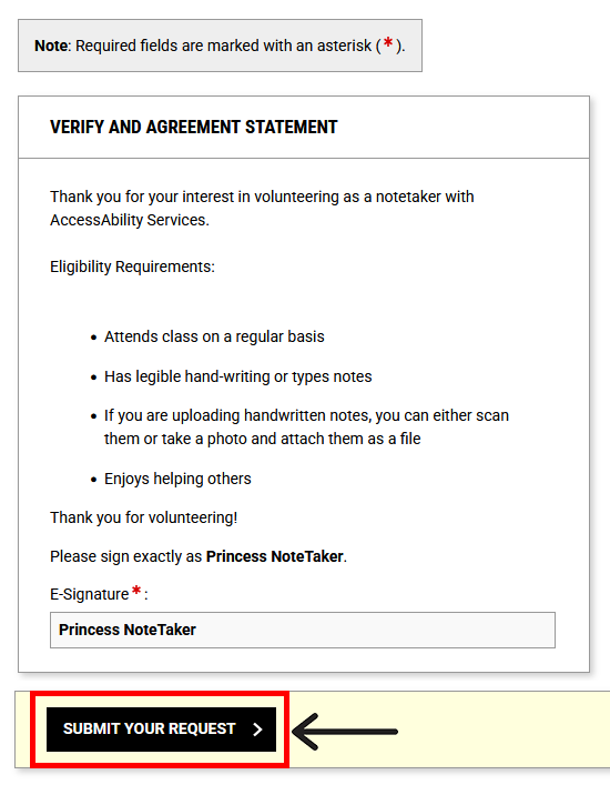 Notetaker Agreement with e-signature filled and "Submit Your Request" button outlined.