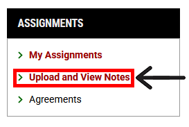 Assignments menu with "Upload and View Notes" outlined.