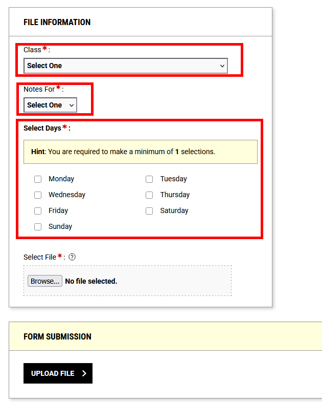 File information section of note upload page with "Class" dropdown menu, "Notes For" dropdown menu, and "Select Days" checkboxes outlined.