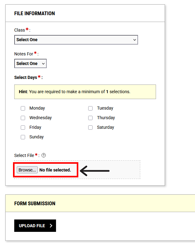 File information section of note upload page with "Select File" section outlined.