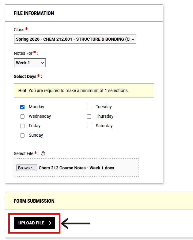 Form Submission section of note upload page with "Upload File" button outlined.