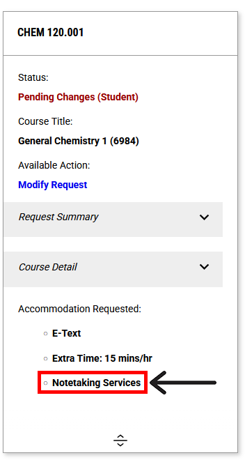 Screenshot showing list of approved accommodations for a course with "Notetaking Services" outlined