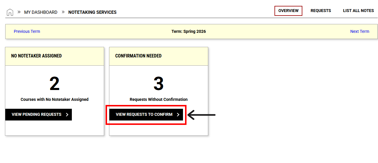 otetaking Services overview page, "Confirmation Needed" box and "View Requests to Confirm" button outlined 