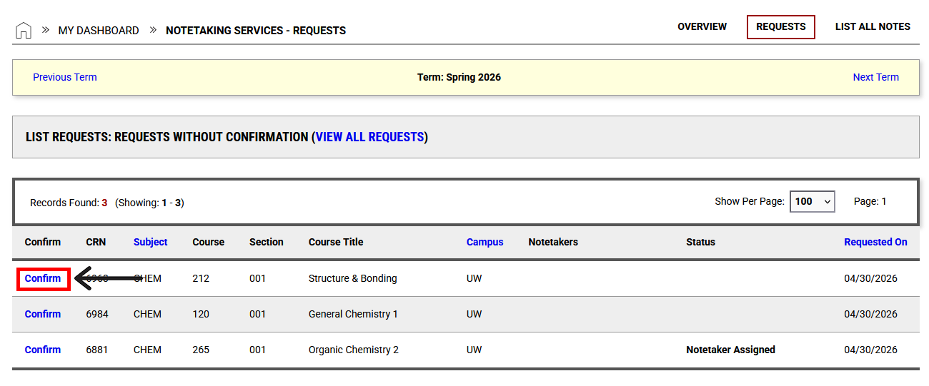 Notetaking Services overview page, "List All Notes" "Confirm and Download" button outlined 