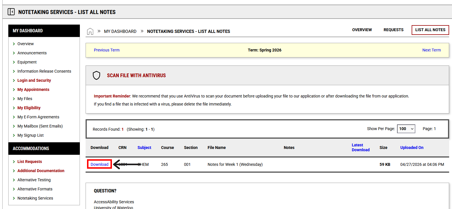Notetaking Services overview page, "Confirmation Needed" "View Requests to Confirm" "Confirm" button outlined 