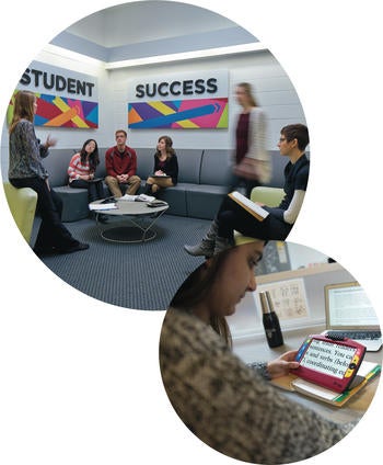 Two images are combined. The first photos shows students in the Student Success Office. The second photo shows a student using an assistive device.