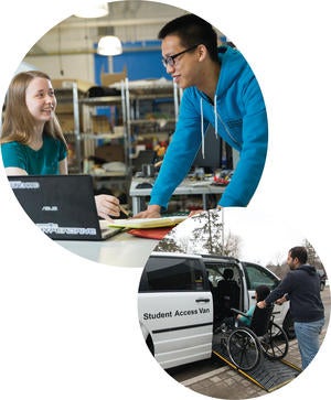 Two images are shown. The first image shows two students working together. The second photo shows one person pushing a student in a wheelchair into the Student Access Van.