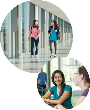 Two images are shown. The first image shows two students walking through a building. The second photo shows two women having a casual meeting.