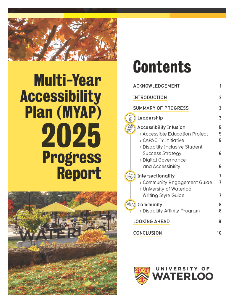 The first page of the MYAP 2025 Progress Report includes a title overlayed on an image of the University of Waterloo campus, next to a Table of Contents.