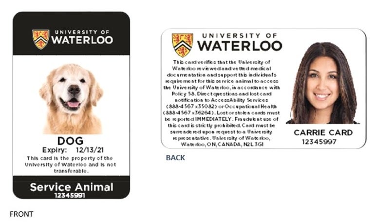 Service animal card design. one side of the card will have a photo of the animal and expiry date the other side will have a photo of the owner.