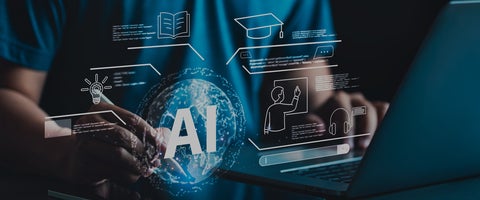 Person using a tablet and laptop with AI, education, and online learning icons.