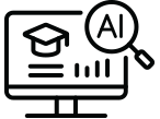 Computer screen showing a grad cap, and magnifying glass with AI