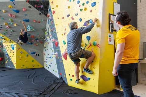 Alumni on rock climbing wall