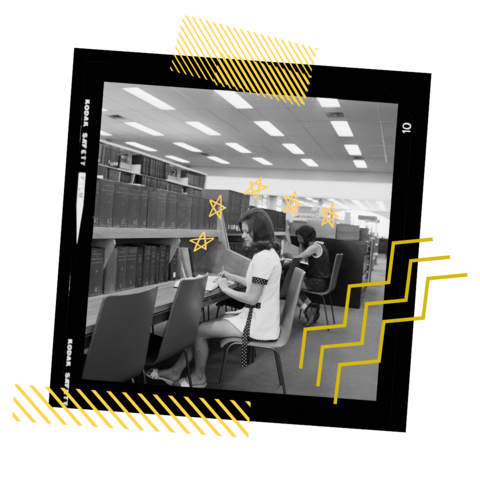 1974 a girl studying in a library