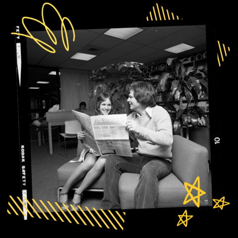 Two people reading newspaper captured on film with yellow graphics in background