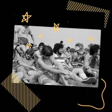 Group of people sitting on a lawn captured on film with yellow graphics in the background