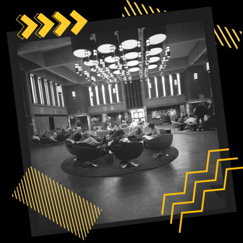 Group of students sitting on couches on film with yellow graphics in background