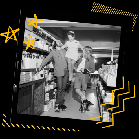 Girl on two guys shoulders on film with abstract yellow graphics around the picture