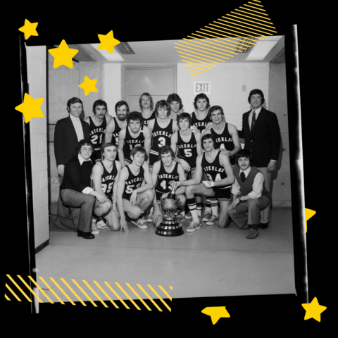 Sports team photo on film with yellow graphics in background