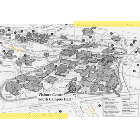 Black and white drawn map of campus in 1998
