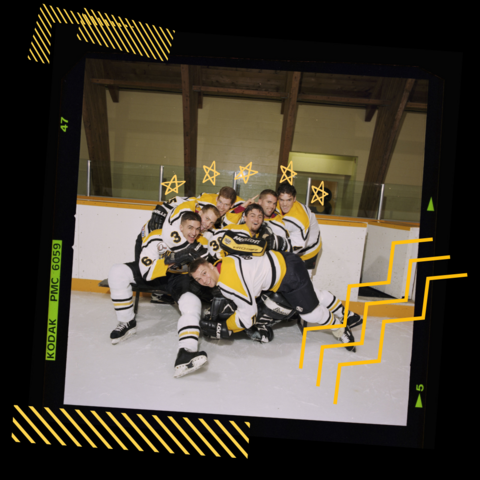 Waterloo hockey team on film with yellow graphics in the background