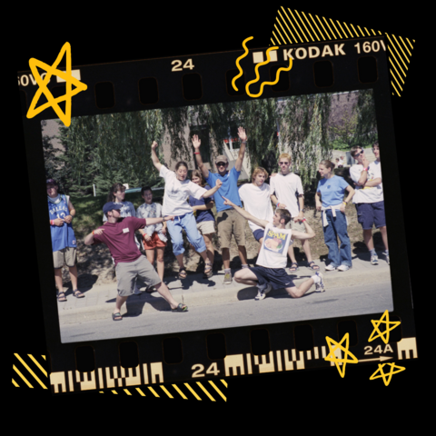 Group of students on film with yellow graphics surrounding