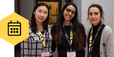 Alumni smiling at an event with a calendar icon on the left