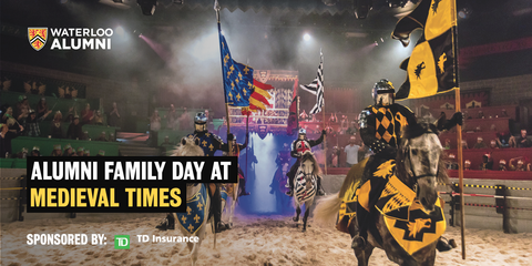 Four knights riding on horses with flags