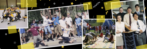 Collection of student 2000s pictureswith yellow and gray graphics in the background