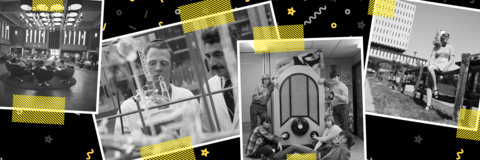 Collections of student pictures from 1975 with yellow and gray graphics in the background