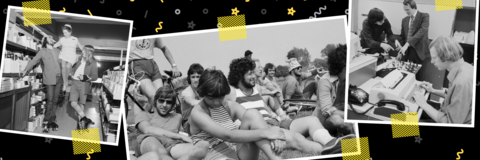 Collection of student 1970s pictures with yellow and gray graphics in the background