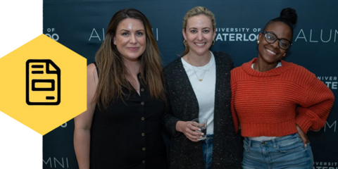 Alumni smiling at an event with a document icon on the left