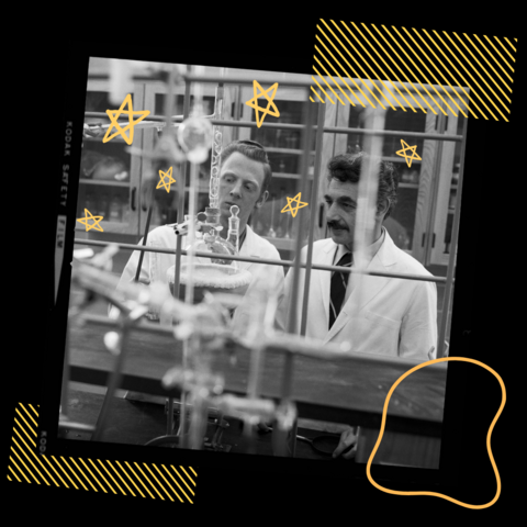 Two scientists in lab coats and experimenting on film with yellow graphics in background