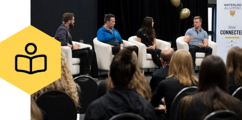 People attending a talk with a reading icon on the left