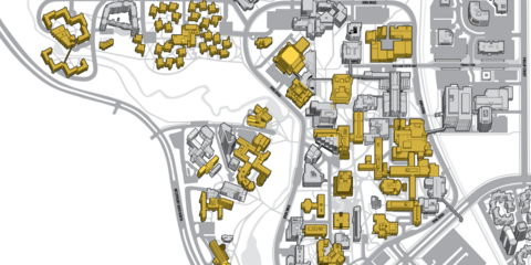 Campus map 1970 with yellow highlighted buildings