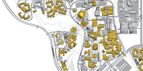 Campus map 1975 with yellow highlighted buildings