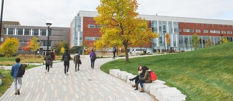 People sitting and walking outdoors at Waterloo campus