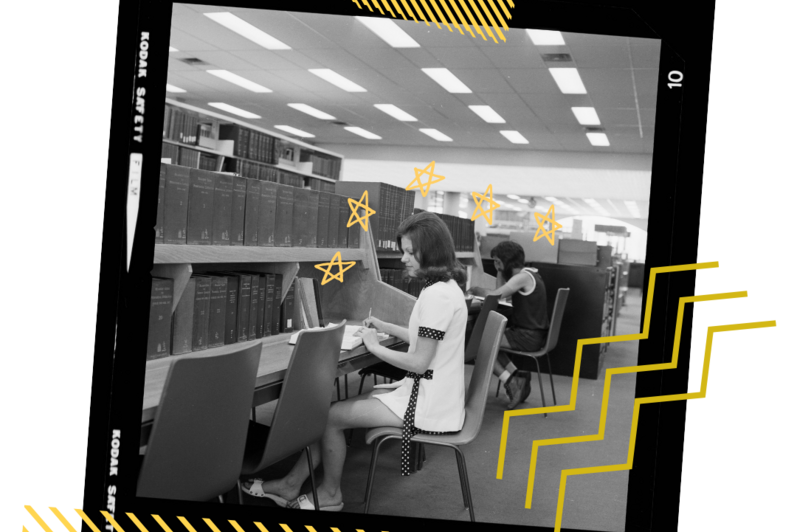 1974 a girl studying in a library