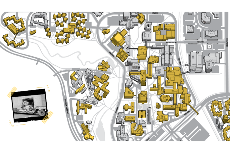 1974 campus map & construction scene