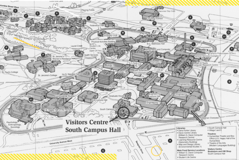 Black and white drawn map of campus in 1998
