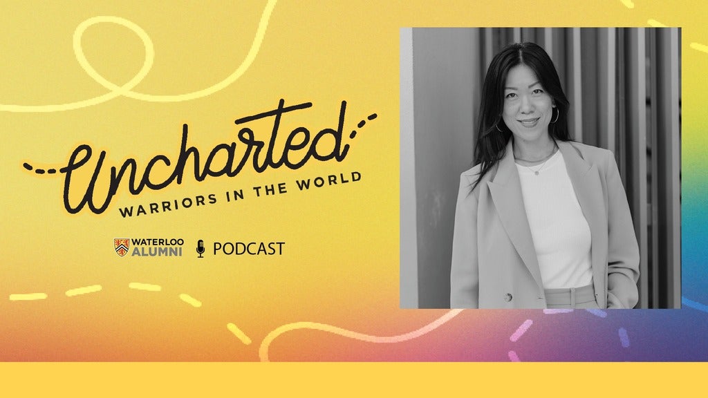 Photo of Michelle Li on a colourful background with the text 'Uncharted, Warriors in the world"