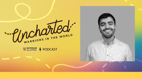 Ahmed Mezil on a banner that says Uncharted, warriors in the world