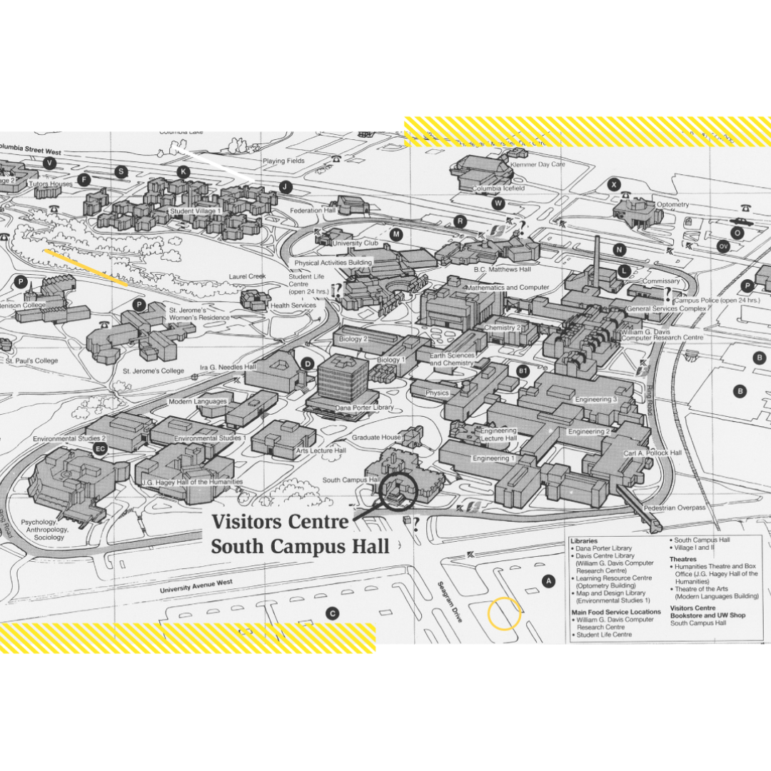 Black and white drawn map of campus in 1998