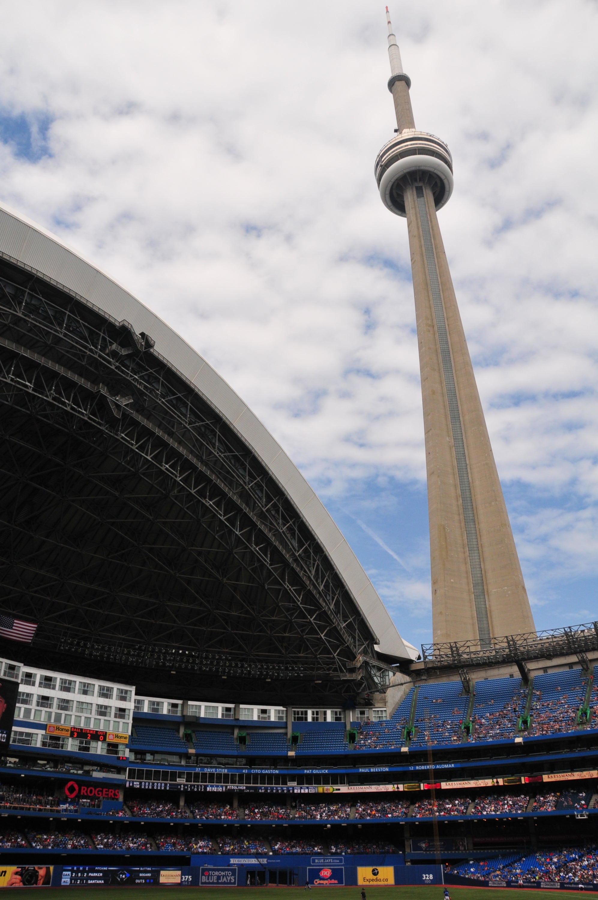 rogers centre with an open roof looking at CN Tower