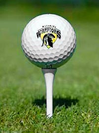 Image of a Warriors logo golf ball on a tee in the grass