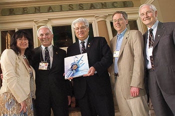 President Johnston, Ophelia Lazaridis, Ken McLuaughlin, Mike Lazardis and MPP John Wilkinson