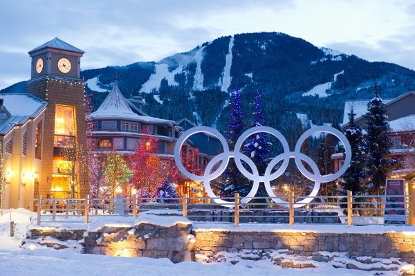 whistler village with olympic rings